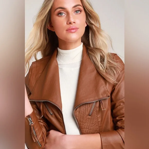 Lulus Up On A Tuesday Camel Vegan Leather Jacket Brown - Size XL - Picture 4 of 9